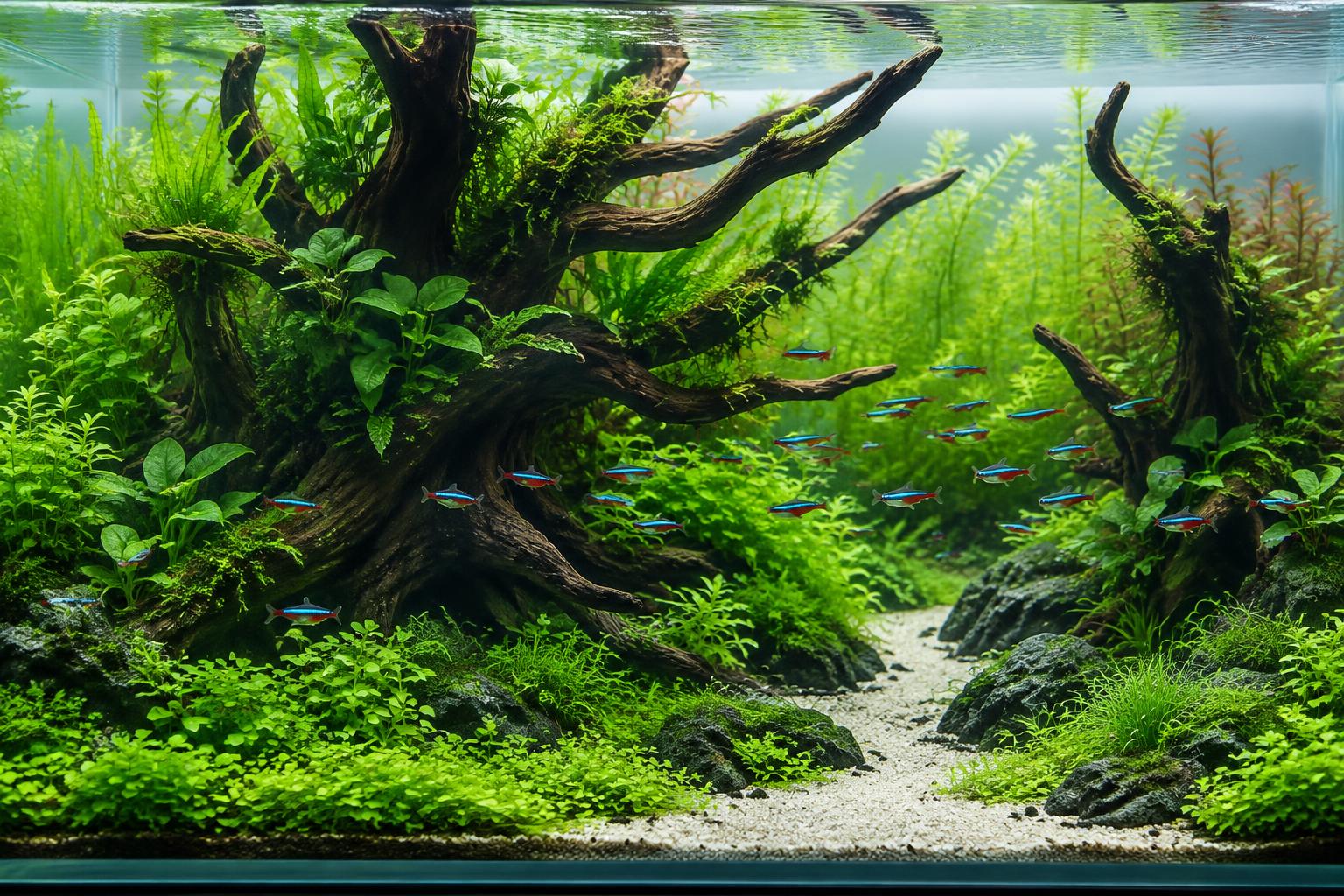 Aquário plantado com troncos, plantas verdes e um cardume de tetras